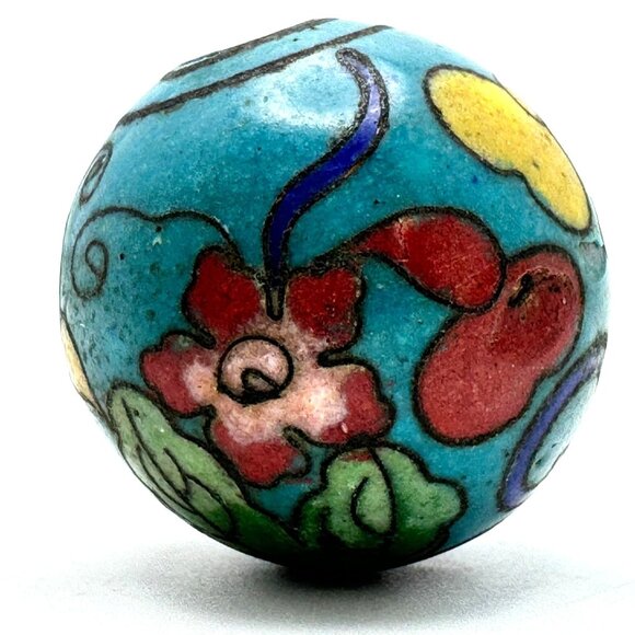 Cloisonné Floral Vtg Bead Hand-Painted Enamel Design Blue Red Yellow Green 24mm - Picture 1 of 7